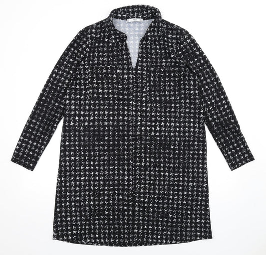 Mango Womens Black Geometric Polyester Shirt Dress Size L Collared Pullover