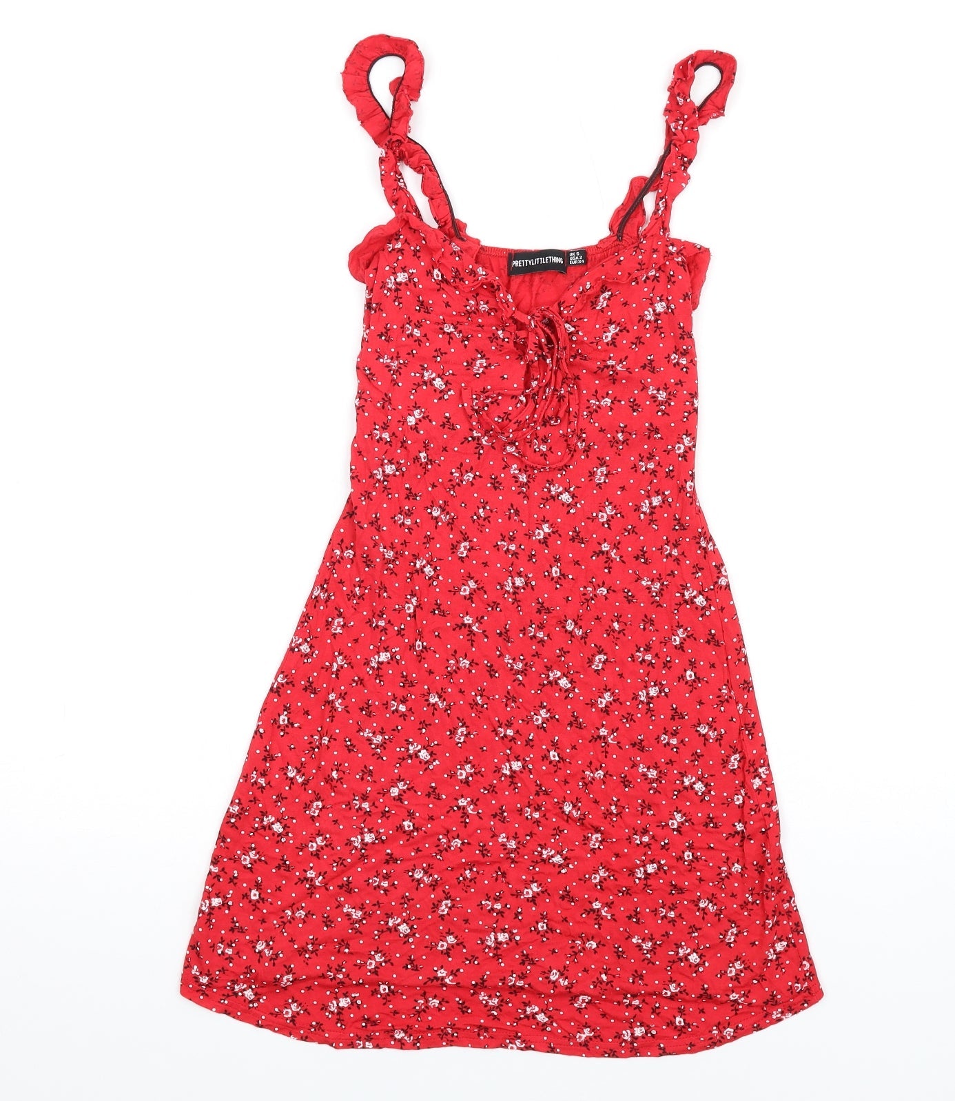 PRETTYLITTLETHING Womens Red Floral Viscose A-Line Size 6 V-Neck Pullover