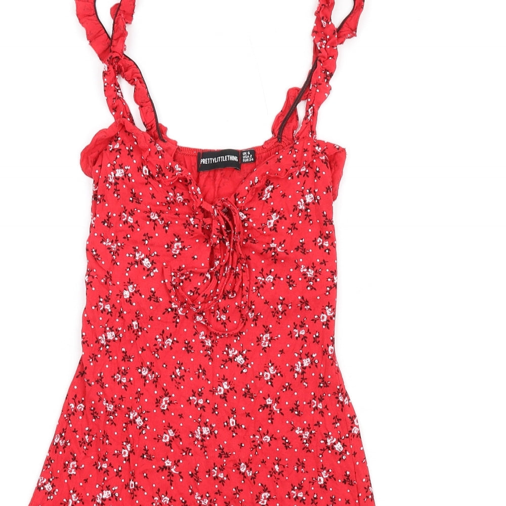 PRETTYLITTLETHING Womens Red Floral Viscose A-Line Size 6 V-Neck Pullover