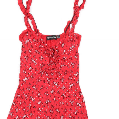 PRETTYLITTLETHING Womens Red Floral Viscose A-Line Size 6 V-Neck Pullover