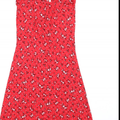 PRETTYLITTLETHING Womens Red Floral Viscose A-Line Size 6 V-Neck Pullover