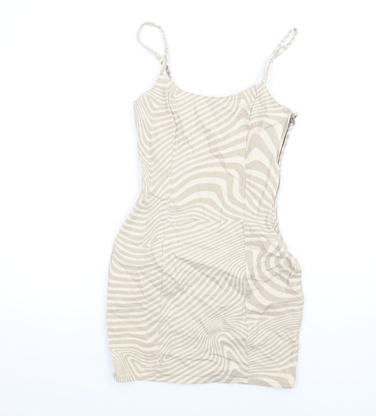 H&M Womens Beige Geometric Cotton Mini Size 6 Scoop Neck Zip