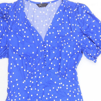 Marks and Spencer Womens Blue Polka Dot Viscose A-Line Size 10 V-Neck Zip