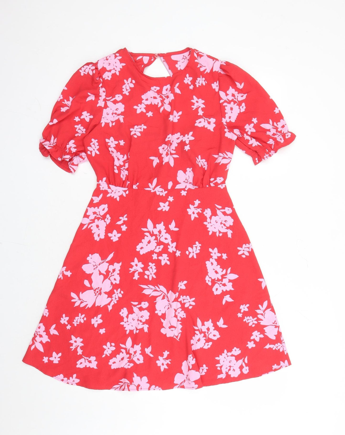 New Look Womens Red Floral Polyester Fit & Flare Size 10 Off the Shoulder Button - Open Back Detail