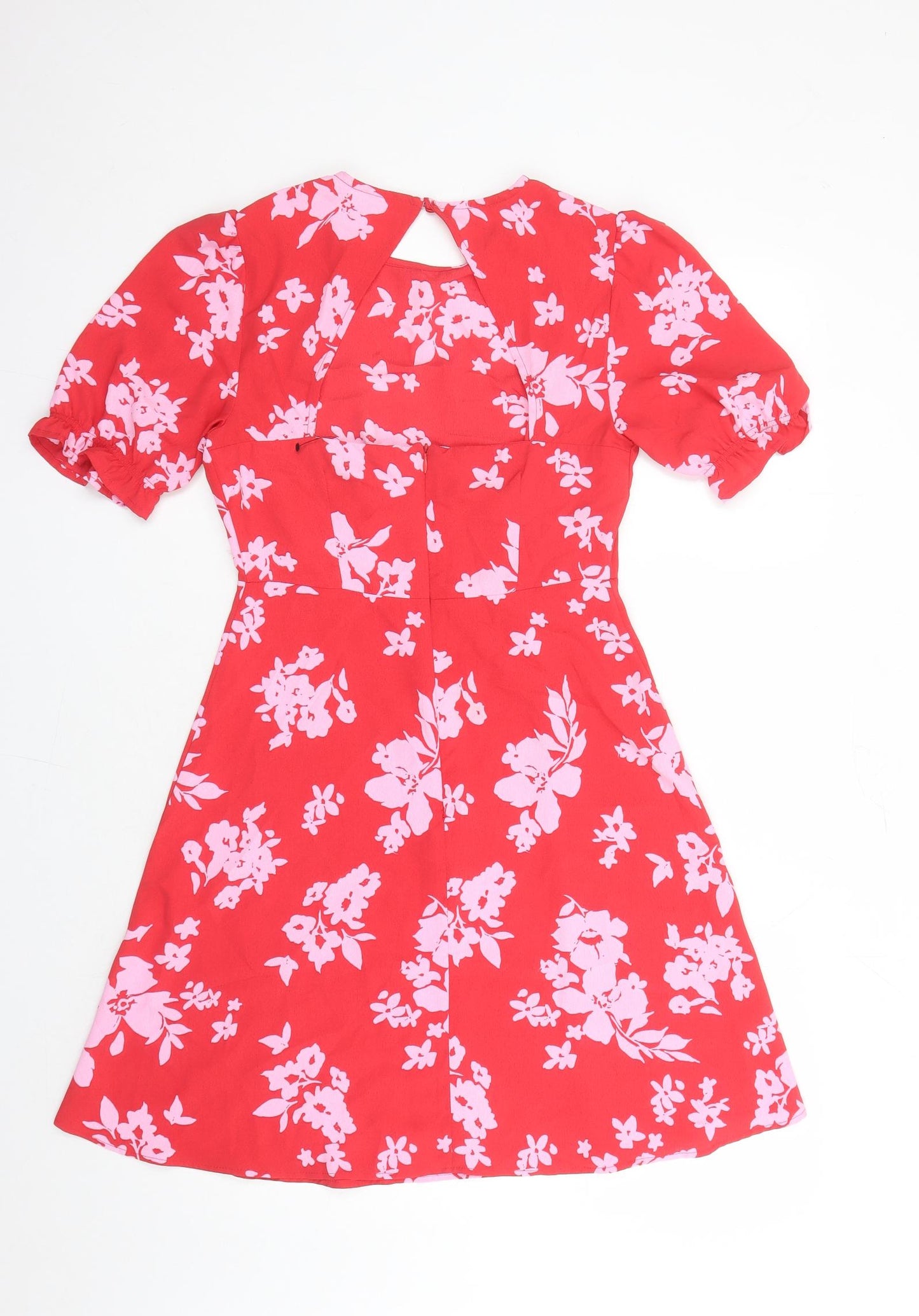 New Look Womens Red Floral Polyester Fit & Flare Size 10 Off the Shoulder Button - Open Back Detail