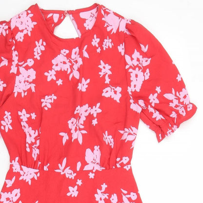 New Look Womens Red Floral Polyester Fit & Flare Size 10 Off the Shoulder Button - Open Back Detail