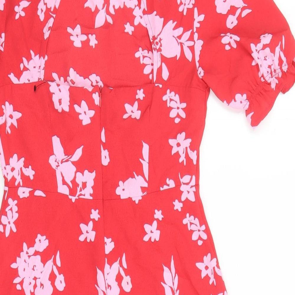 New Look Womens Red Floral Polyester Fit & Flare Size 10 Off the Shoulder Button - Open Back Detail