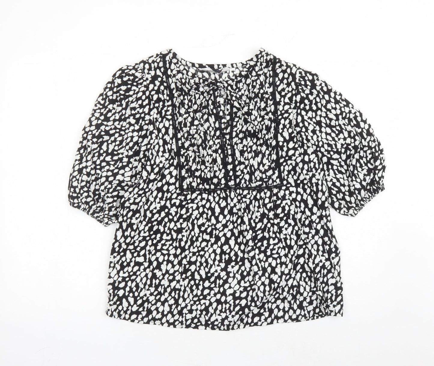 Marks and Spencer Womens Black Geometric Linen Basic Blouse Size 6 Round Neck - Keyhole Neckline