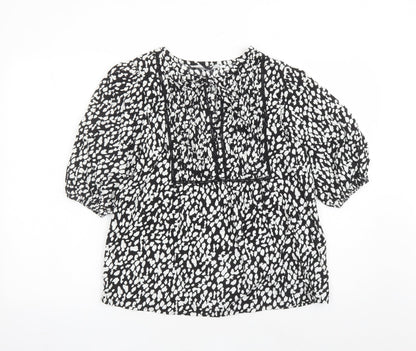 Marks and Spencer Womens Black Geometric Linen Basic Blouse Size 6 Round Neck - Keyhole Neckline