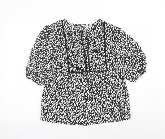 Marks and Spencer Womens Black Geometric Linen Basic Blouse Size 6 Round Neck - Keyhole Neckline