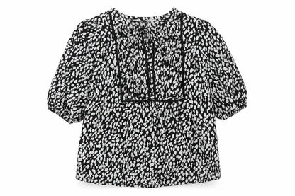 Marks and Spencer Womens Black Geometric Linen Basic Blouse Size 6 Round Neck - Keyhole Neckline