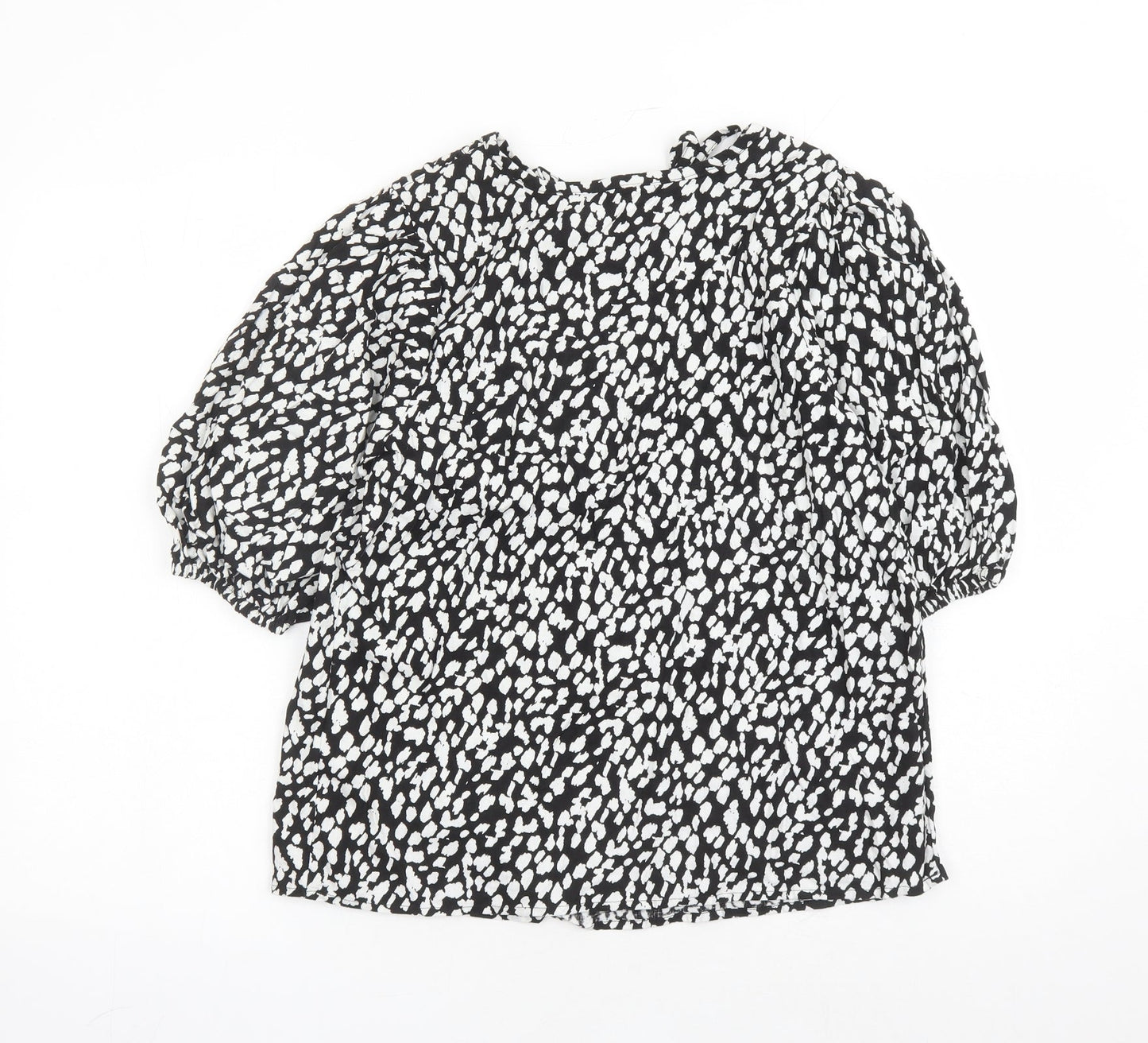 Marks and Spencer Womens Black Geometric Linen Basic Blouse Size 6 Round Neck - Keyhole Neckline