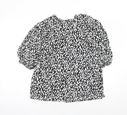 Marks and Spencer Womens Black Geometric Linen Basic Blouse Size 6 Round Neck - Keyhole Neckline