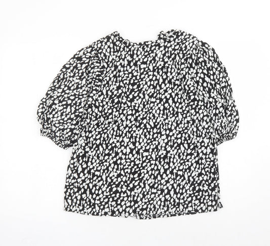 Marks and Spencer Womens Black Geometric Linen Basic Blouse Size 6 Round Neck - Keyhole Neckline