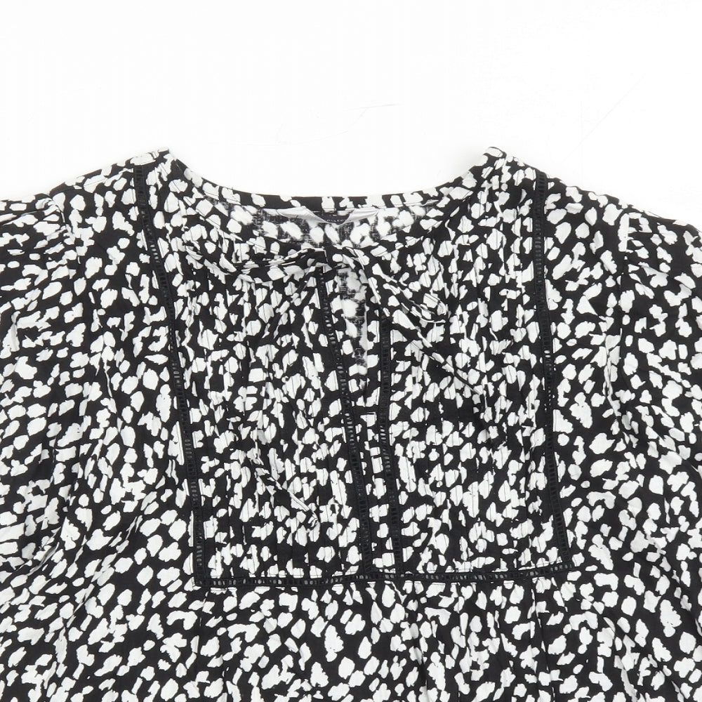 Marks and Spencer Womens Black Geometric Linen Basic Blouse Size 6 Round Neck - Keyhole Neckline