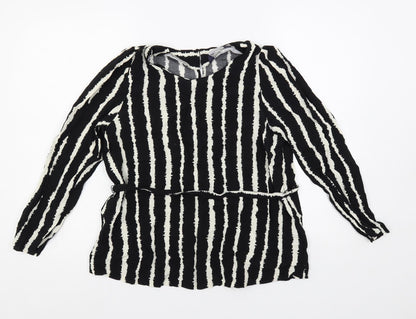 Marks and Spencer Womens Black Striped Viscose Basic Blouse Size 14 Round Neck - Belted
