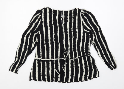 Marks and Spencer Womens Black Striped Viscose Basic Blouse Size 14 Round Neck - Belted