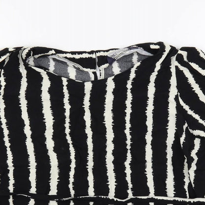 Marks and Spencer Womens Black Striped Viscose Basic Blouse Size 14 Round Neck - Belted