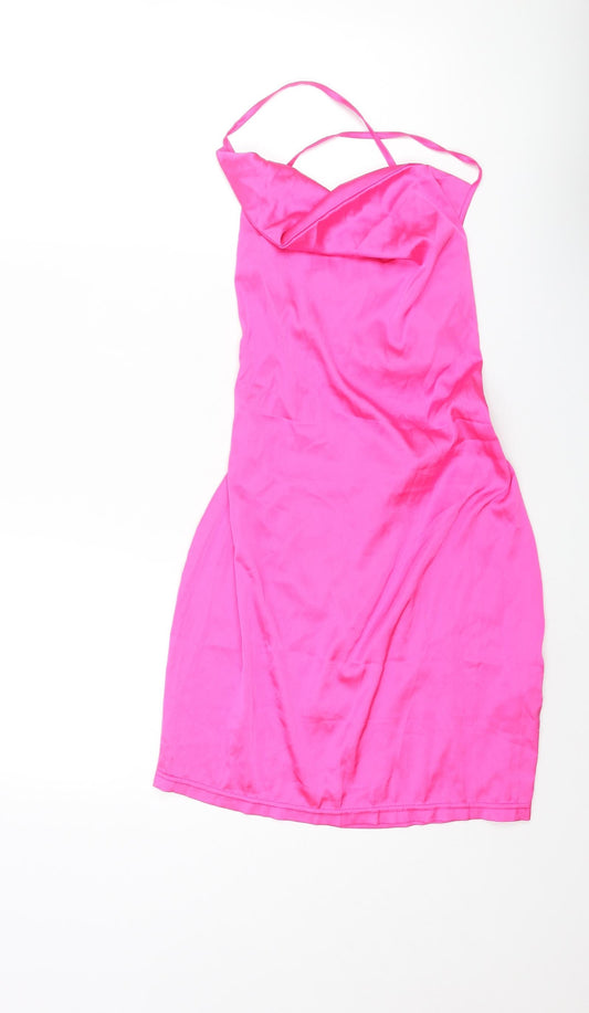 NaaNaa Womens Pink Polyester Mini Size 10 Cowl Neck Zip - Lace Up Back