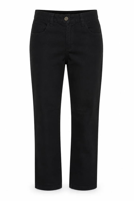 Front view of Moto women’s black cotton straight jeans, size UK 10, 24-inch leg regular zip