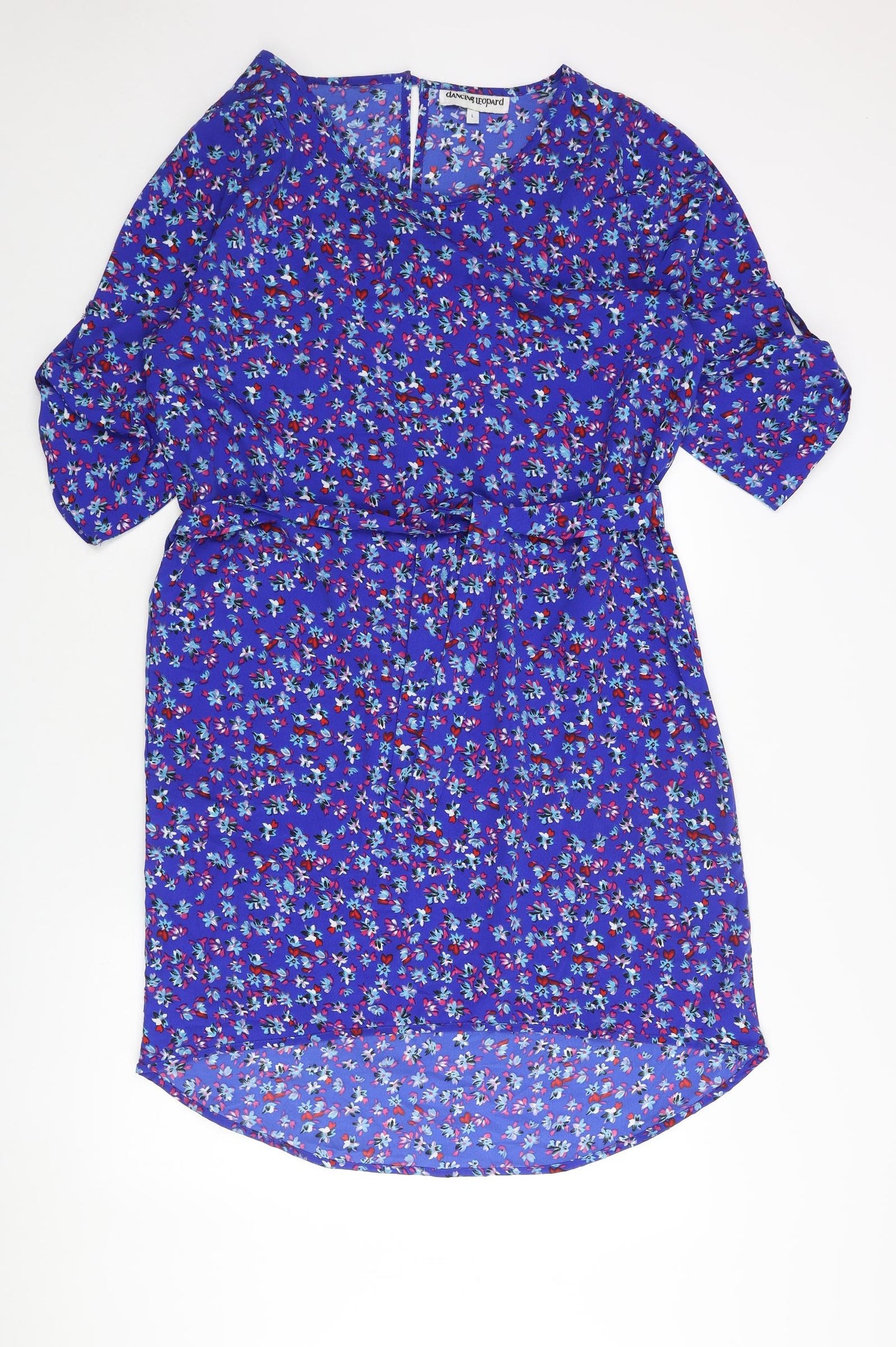 Dancing Leopard Womens Blue Floral Polyester Shift Size L Round Neck Button - Belted
