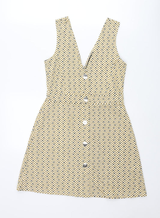 Miss Selfridge Womens Yellow Geometric Polyester A-Line Size 10 V-Neck Pullover - Button Detail