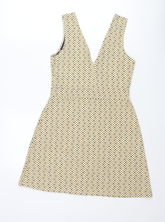 Miss Selfridge Womens Yellow Geometric Polyester A-Line Size 10 V-Neck Pullover - Button Detail