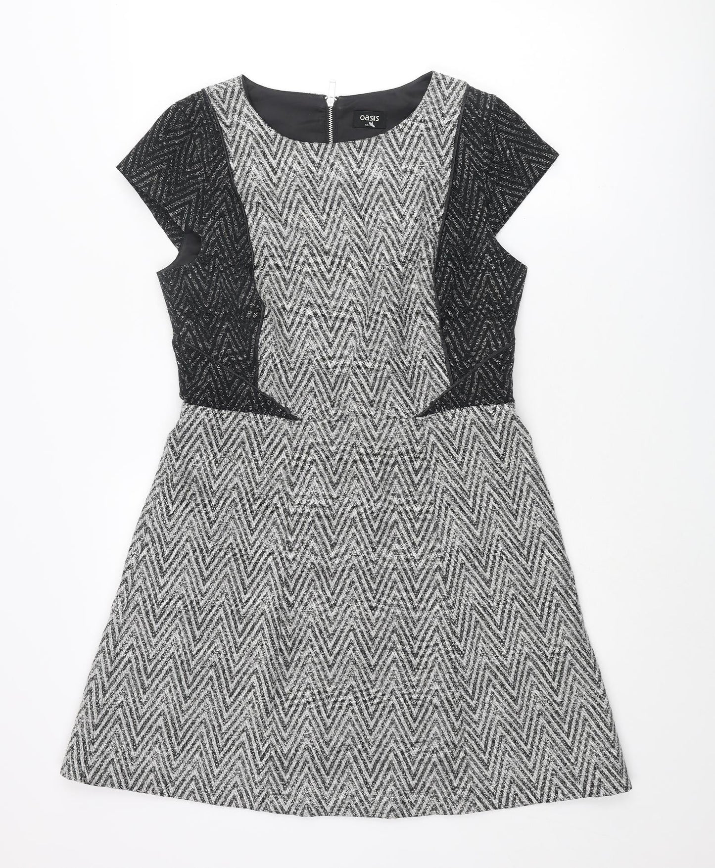 Oasis Womens Grey Geometric Cotton A-Line Size 12 Round Neck Zip