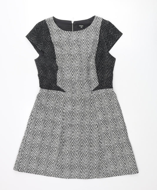 Oasis Womens Grey Geometric Cotton A-Line Size 12 Round Neck Zip