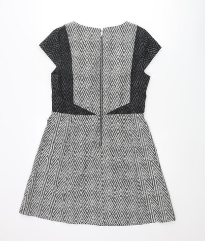 Oasis Womens Grey Geometric Cotton A-Line Size 12 Round Neck Zip