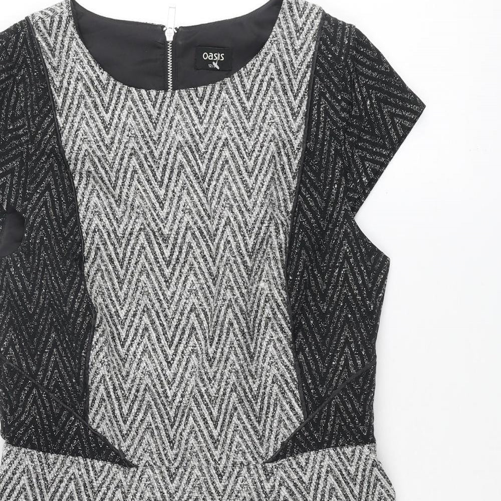 Oasis Womens Grey Geometric Cotton A-Line Size 12 Round Neck Zip