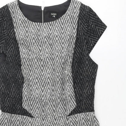 Oasis Womens Grey Geometric Cotton A-Line Size 12 Round Neck Zip