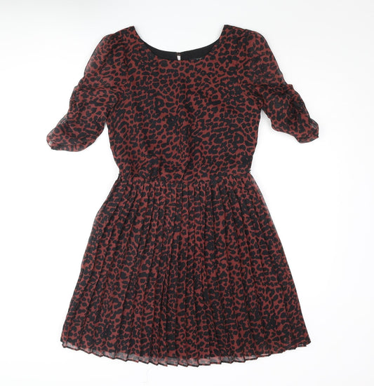 Oasis Womens Red Striped Polyester Fit & Flare Size 8 Round Neck Button - Leopard Print