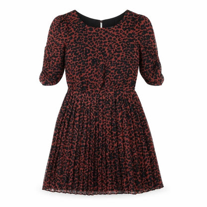 Oasis Womens Red Striped Polyester Fit & Flare Size 8 Round Neck Button - Leopard Print