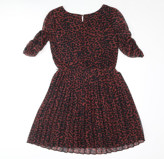 Oasis Womens Red Striped Polyester Fit & Flare Size 8 Round Neck Button - Leopard Print