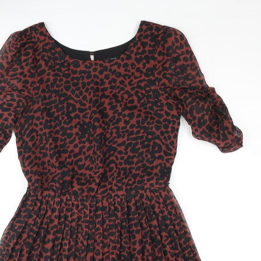Oasis Womens Red Striped Polyester Fit & Flare Size 8 Round Neck Button - Leopard Print