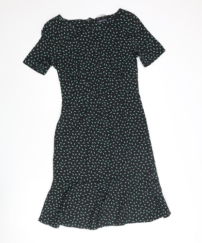 Marks and Spencer Womens Black Geometric Polyester Shift Size 10 Round Neck Zip