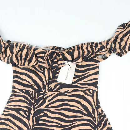 Missguided Womens Beige Animal Print Polyester Mini Size 6 Off the Shoulder Pullover - Frill Tiger Print