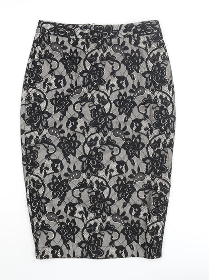 New Look Womens Black Floral Nylon Straight & Pencil Skirt Size 8 Zip