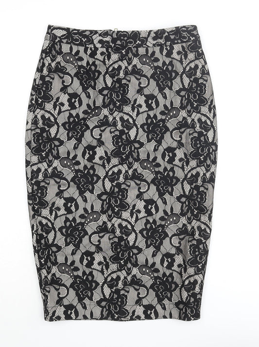 New Look Womens Black Floral Nylon Straight & Pencil Skirt Size 8 Zip