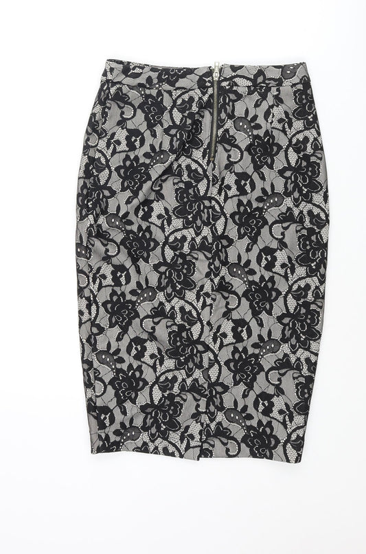 New Look Womens Black Floral Nylon Straight & Pencil Skirt Size 8 Zip