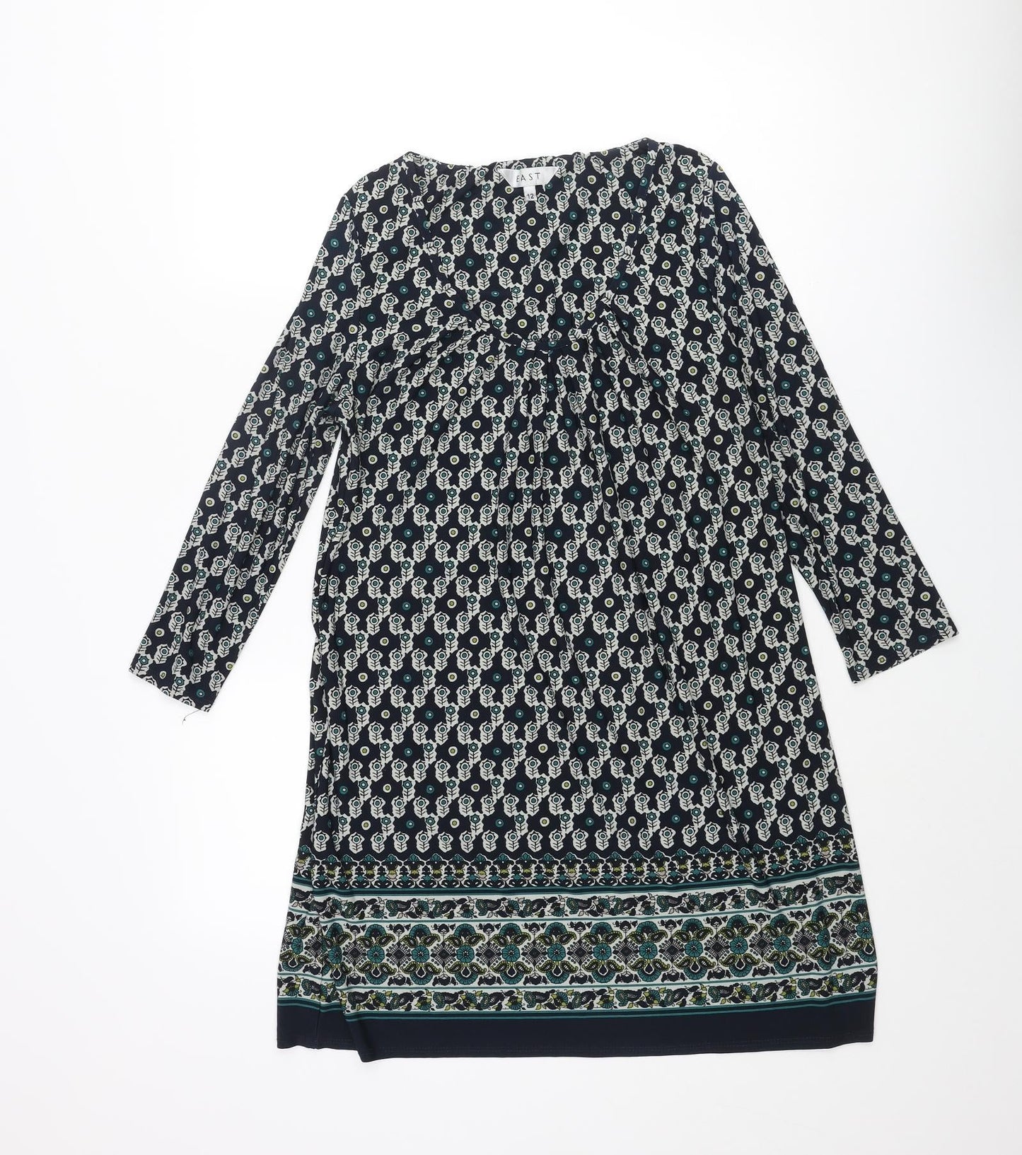 EAST Womens Blue Geometric Polyester Mini Size 12 Scoop Neck Pullover