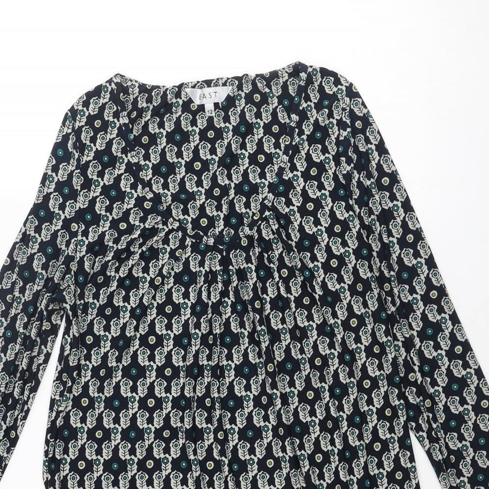 EAST Womens Blue Geometric Polyester Mini Size 12 Scoop Neck Pullover