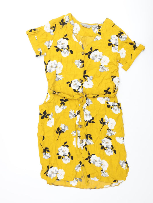 Dorothy Perkins Womens Yellow Floral Viscose Shift Size 8 V-Neck Button