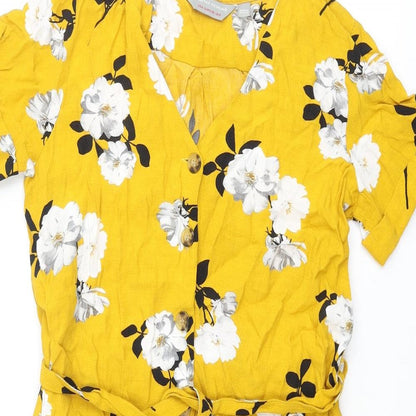 Dorothy Perkins Womens Yellow Floral Viscose Shift Size 8 V-Neck Button