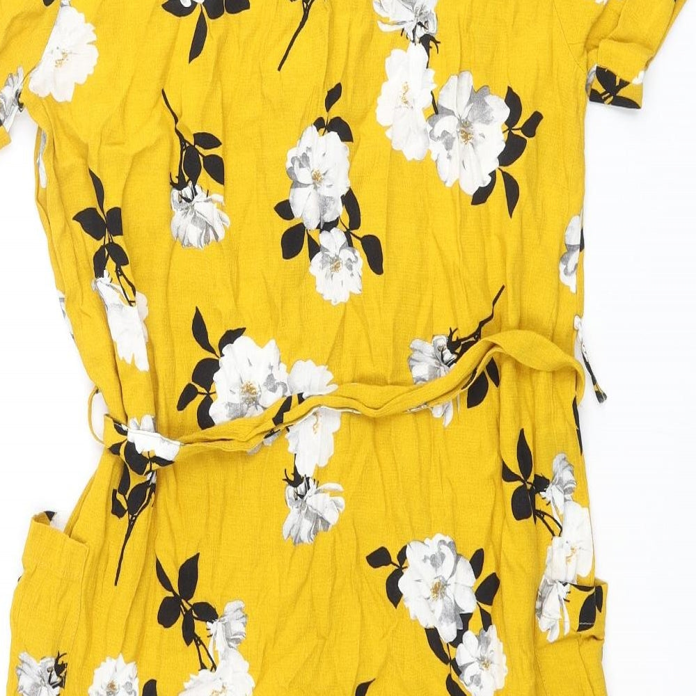 Dorothy Perkins Womens Yellow Floral Viscose Shift Size 8 V-Neck Button