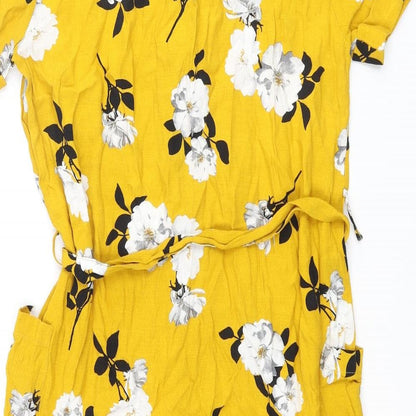 Dorothy Perkins Womens Yellow Floral Viscose Shift Size 8 V-Neck Button