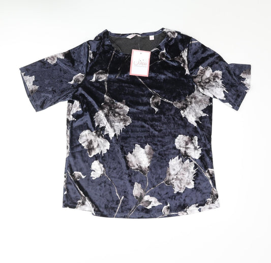 Julipa Womens Blue Floral Polyester Basic Blouse Size 14 Round Neck