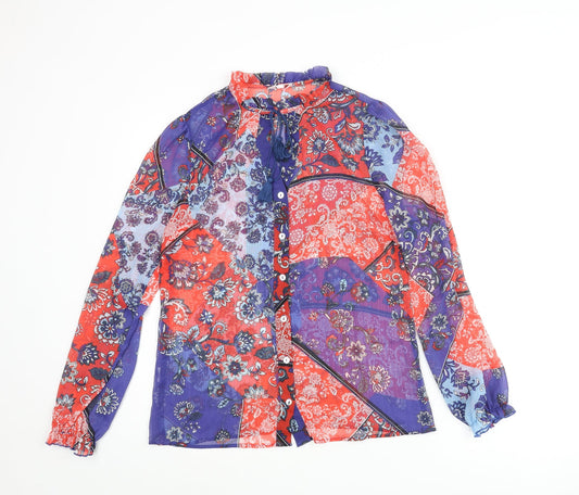 Falmer Heritage Womens Blue Geometric Polyester Basic Blouse Size 10 Mock Neck - Bow