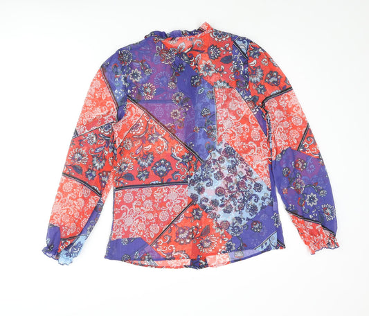 Falmer Heritage Womens Blue Geometric Polyester Basic Blouse Size 10 Mock Neck - Bow